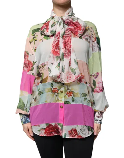 Pre-owned Dolce & Gabbana Multicolor Floral Patchwork Ascot Collar Women's Top ()