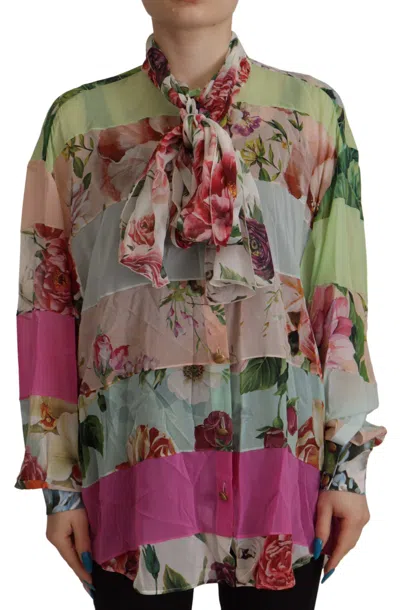 Dolce & Gabbana Multicolor  Floral Patchwork Design Ascot Collar Top Women's Blouse
