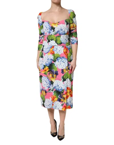 DOLCE & GABBANA MULTICOLOR FLORAL PLEATED SHEATH MIDI  DRESS