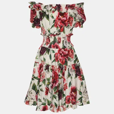 Pre-owned Dolce & Gabbana Multicolor Floral Print Cotton Ruffled Midi Dress Xs