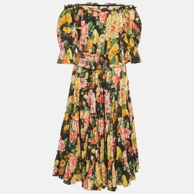 Pre-owned Dolce & Gabbana Multicolor Floral Print Cotton Tiered Midi Dress L