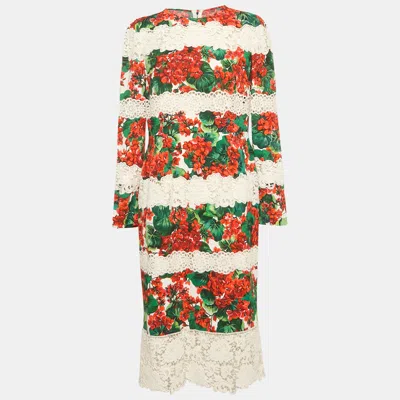 Pre-owned Dolce & Gabbana Multicolor Floral Print Crepe Lace Panel Detail Midi Dress Xl