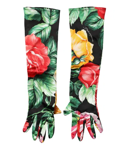 Dolce & Gabbana Multicolor Floral Print Elbow Length Women Gloves In Orange