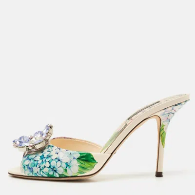Pre-owned Dolce & Gabbana Multicolor Floral Print Leather Crystal Embellished Slide Sandals Size 37