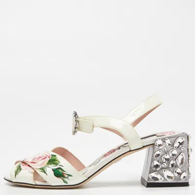 Pre-owned Dolce & Gabbana Multicolor Floral Print Patent Leather Block Heel Sandals Size 37.5