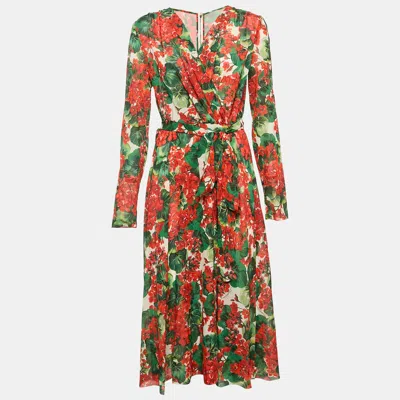Pre-owned Dolce & Gabbana Multicolor Floral Print Silk Belted Midi Dress L