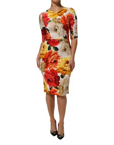 Dolce & Gabbana Multicolor Floral Print Viscose Sheath Dress In Yellow