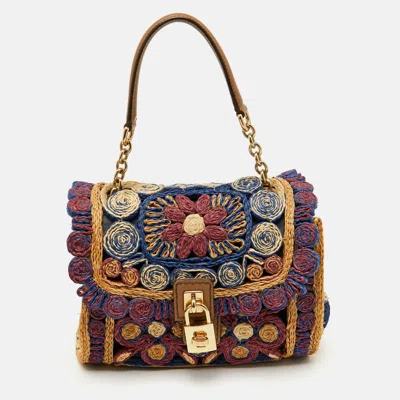 Pre-owned Dolce & Gabbana Multicolor Floral Raffia Miss Dolce Top Handle Bag