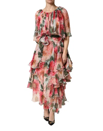 Pre-owned Dolce & Gabbana Multicolor Floral Silk Layered Maxi Women's Dress ()