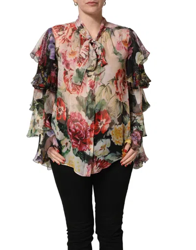 Pre-owned Dolce & Gabbana Multicolor Floral Tie-neck Silk Chiffon Blouse Women's Top ()