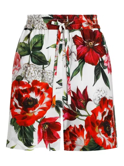 Dolce & Gabbana Multicolor Flower-print Poplin Shorts In Red