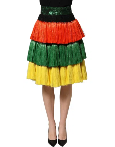 Dolce & Gabbana Multicolor Fringe Sequin High Waist Knee Length Women's Skirt