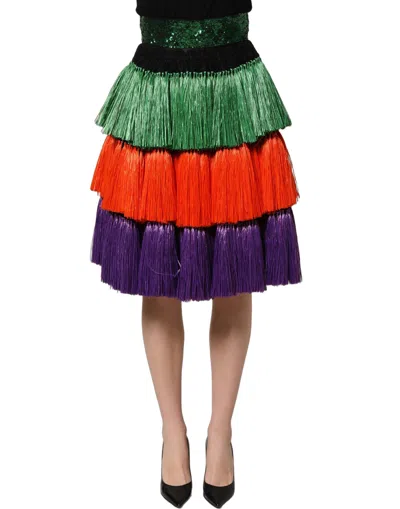 Dolce & Gabbana Multicolor Fringed High Waist Knee Length Women's Skirt