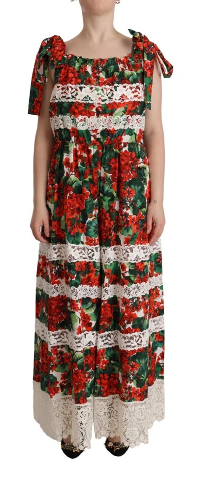 Dolce & Gabbana Multicolor Geranium Print Lace Long Maxi Women's Dress