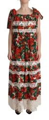 Dolce & Gabbana Multicolor Geranium Print Lace Long Maxi Dress In Multi