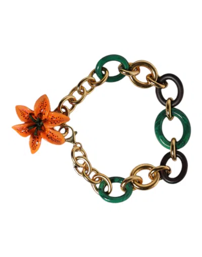 Pre-owned Dolce & Gabbana Multicolor Gold Brass Orange Lily Floral Chain Women's Necklace ()