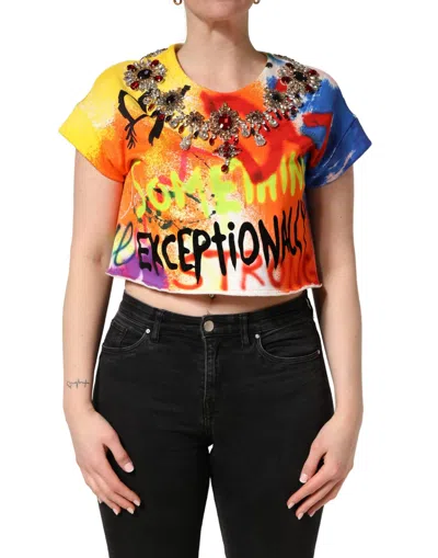 DOLCE & GABBANA MULTICOLOR GRAFFITI CRYSTALS CROP JERSEY TOP