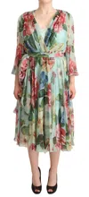 Dolce & Gabbana Crossed Chiffon Midi Dress With Floral Ombre Print In Multi