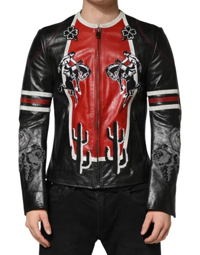 Dolce & Gabbana Embroidered Panelled Leather Jacket In Multi