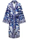 Dolce & Gabbana Multicolor Kimono Bathrobe With All-over Blu Mediterraneo Print In Cotton In Multicolor