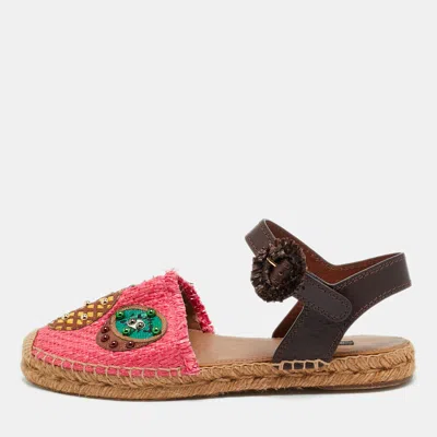 Pre-owned Dolce & Gabbana Multicolor Leather And Raffia Pineapple Kiwi Patch Espadrille Sandals Size 38
