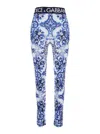 Dolce & Gabbana Multicolor Leggings With Logo Lettering On The Waist And All-over Maiolica Motif In Tech Fabric Woma In Blue