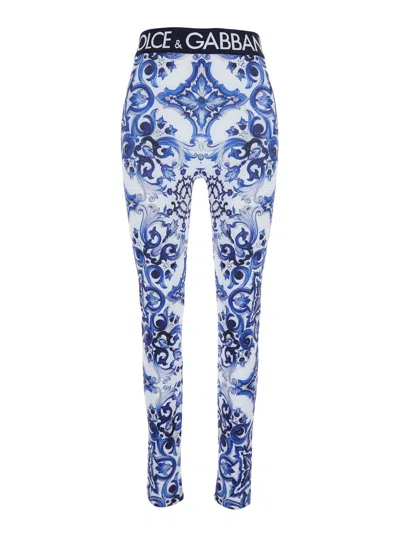Dolce & Gabbana Multicolor Leggings With Logo Lettering On The Waist And All-over Maiolica Motif In Tech Fabric Woma In Blue