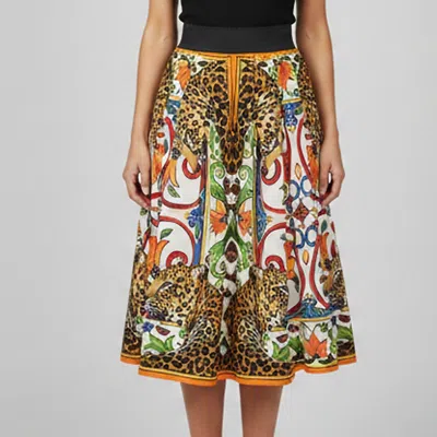 Pre-owned Dolce & Gabbana Multicolor Leopard And Majolica Print Poplin Skirt Xs