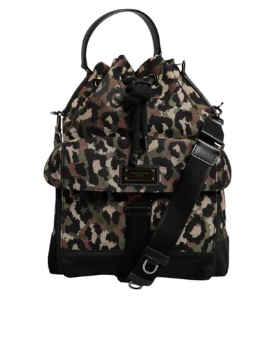 Dolce & Gabbana Multicolor Leopard Cotton Shoulder Bucket Men's Bag