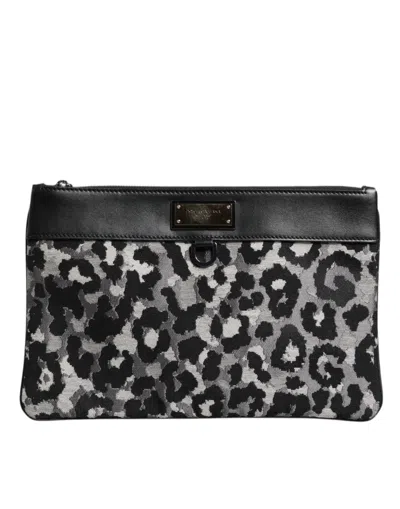 Dolce & Gabbana Multicolor Leopard Jacquard Logo Plaque Men Pouch Men's Bag