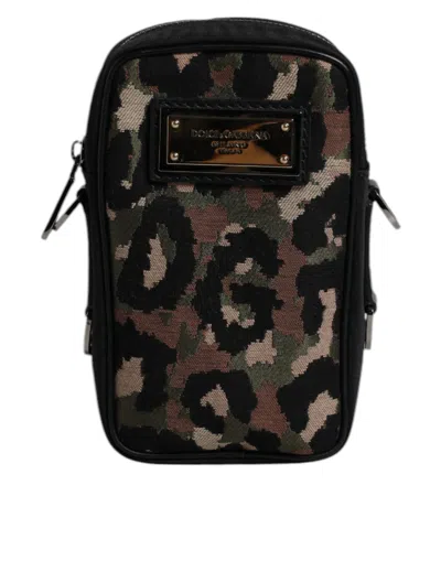 Dolce & Gabbana Multicolor Leopard Jacquard Logo Plaque Neck Strap Men's Bag