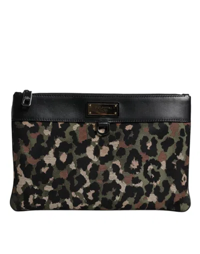 Dolce & Gabbana Multicolor Leopard Jacquard Print Logo Plaque Pouch Men's Bag