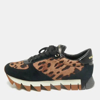 Pre-owned Dolce & Gabbana Multicolor Leopard Print Leather And Suede Running Low Top Sneakers Size 39.5