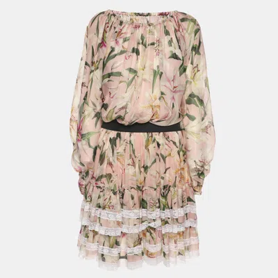 Pre-owned Dolce & Gabbana Multicolor Lily Printed Silk Ruffled Off-the-shoulder Top And Skirt Set S