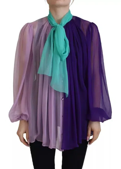 Pre-owned Dolce & Gabbana Multicolor Long Sleeves Ascot Collar Silk Women's Top ()