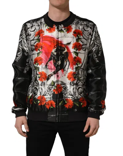 Dolce & Gabbana Multicolor Majolica Bull Print Bomber Jacket In Black