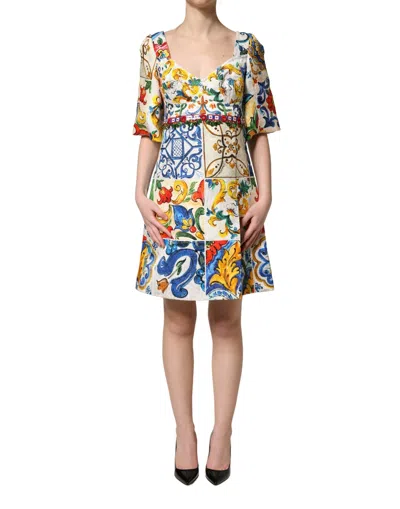 Dolce & Gabbana Multicolor Majolica Print Cotton Mini Dress In Gray