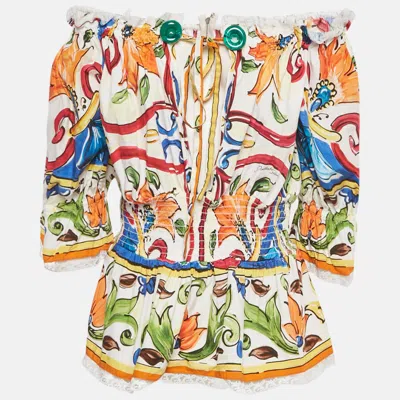 Pre-owned Dolce & Gabbana Multicolor Majolica Print Cotton Smocked Off -shoulder Top L