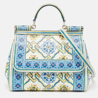 Pre-owned Dolce & Gabbana Multicolor Majolica Print Leather Medium Miss Sicily Top Handle Bag