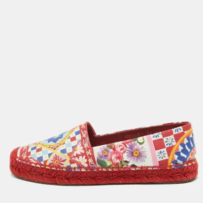Pre-owned Dolce & Gabbana Multicolor Majolica Print Leather Slip On Espadrille Flats Size 36