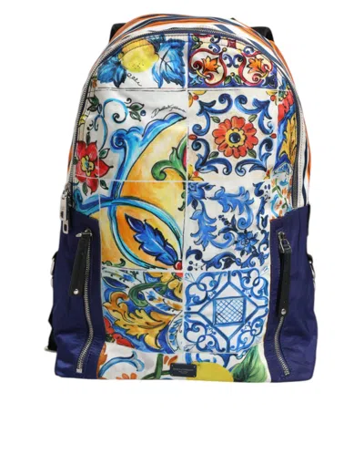 Pre-owned Dolce & Gabbana Multicolor Majolica Print Nylon School Backpack Men's Bag ()