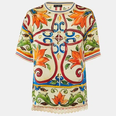 Pre-owned Dolce & Gabbana Multicolor Majolica Print Silk Lace Trim Top S