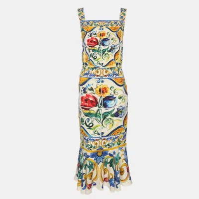 Pre-owned Dolce & Gabbana Multicolor Majolica Print Stretch Silk Midi Dress S