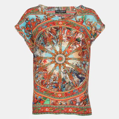 Pre-owned Dolce & Gabbana Multicolor Medieval Print Silk Cap Sleeve Top M