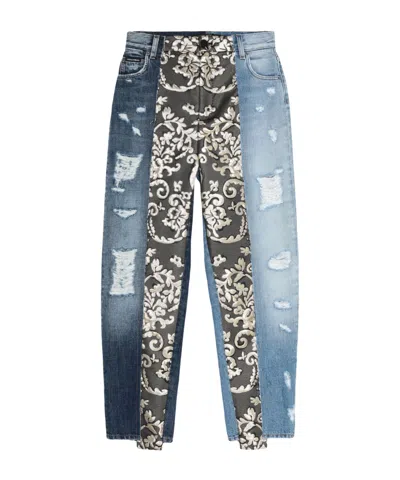 Dolce & Gabbana Patchwork Damask Tapered Jeans In Blue