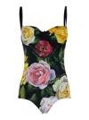 Dolce & Gabbana Multicolor One-piece Swimsuit With Buckle With Logo On The Rear And All-over Floral Print In Tech Fa In Multicolor