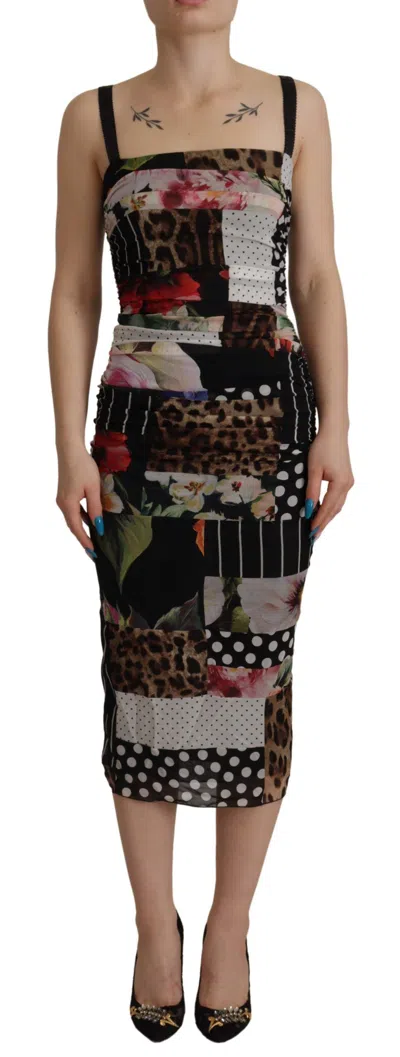 Dolce & Gabbana Multicolor Pachwork Midi Floral Silk Leopard Bodycon Women's Dress