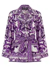 Dolce & Gabbana Waist Belted Collared Floral Sleeved Shirt In Purple