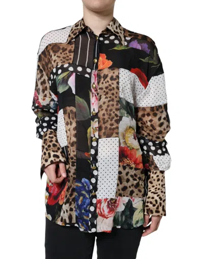 Pre-owned Dolce & Gabbana Multicolor Patchwork Silk Collared Blouse Women's Top ()