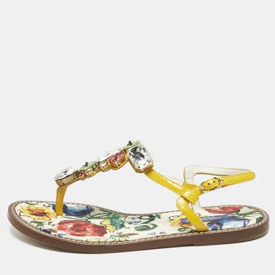 Pre-owned Dolce & Gabbana Multicolor Patent Crystal Embellished Thong Strap Flat Sandals Size 37